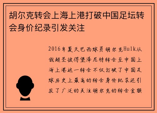 胡尔克转会上海上港打破中国足坛转会身价纪录引发关注