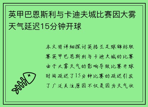 英甲巴恩斯利与卡迪夫城比赛因大雾天气延迟15分钟开球